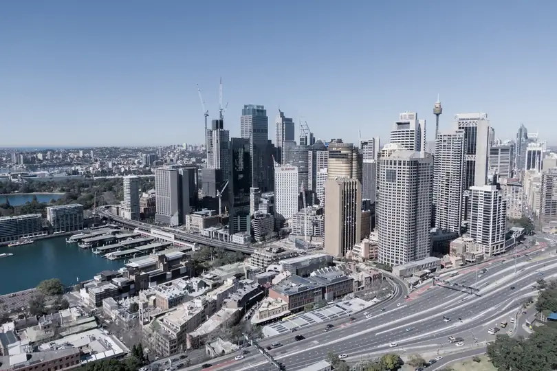 City towers and rail lines seen from the air