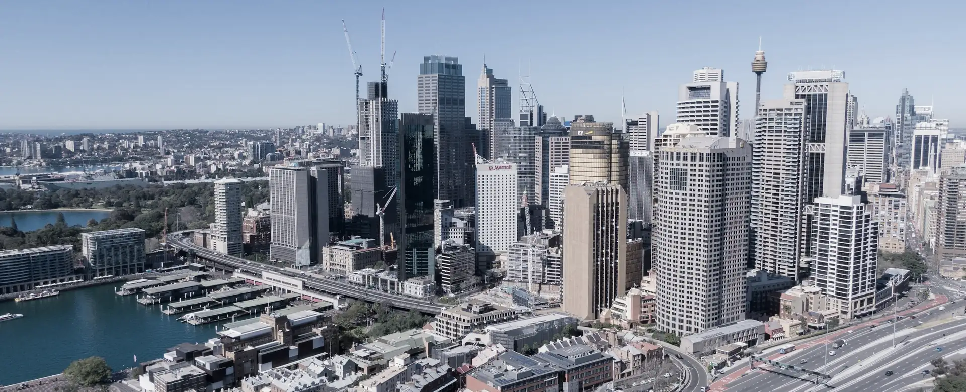 City towers and rail lines seen from the air