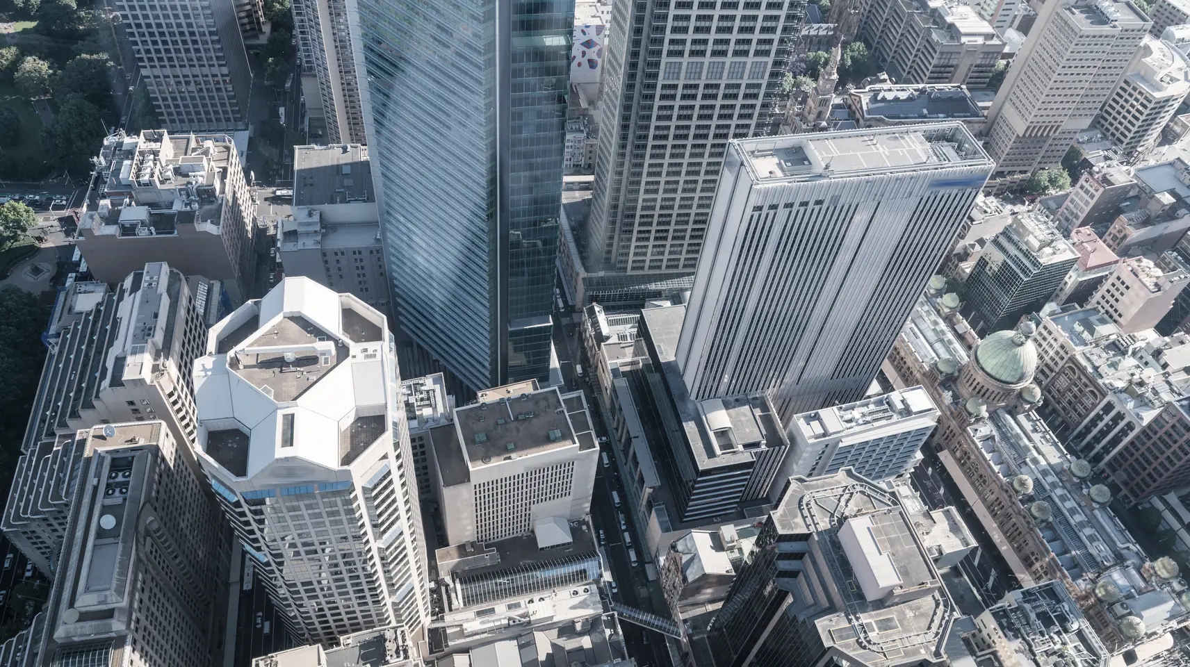 Office towers and city streets seen from above