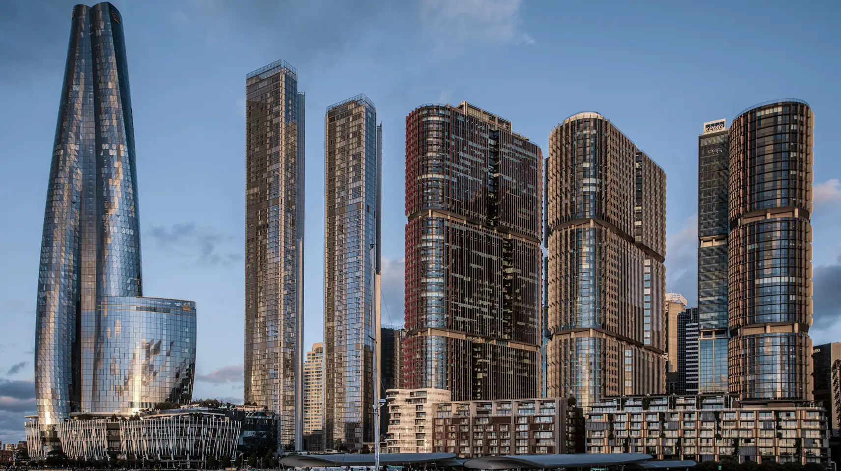 Waterfront office towers catching evening light
