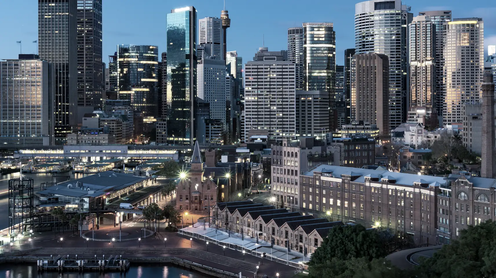 City towers and sandstone warehouses at first light